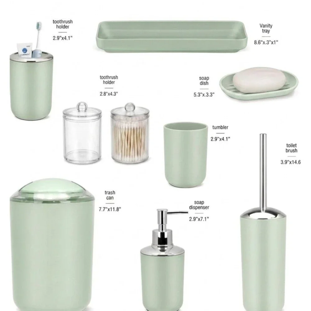 Mint Green Modern Plastic Bathroom Accessory Set 10pc w/ Soap Disp, Brush